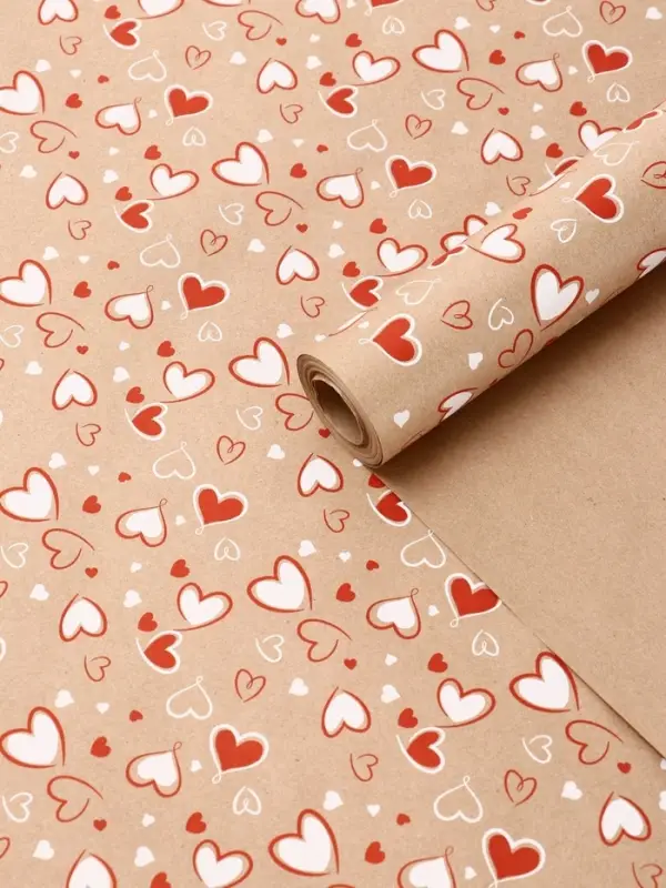 Крафт бумага "Сердечки 2" красный/белый цв. на коричневом фоне 0,72 х 10 &plusmn;5% м, 60 гр