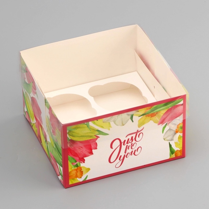 Коробка для 4 капкейка с прозрачной крышкой, "Тюльпаны", 16 &times; 16 &times; 10 см, кондитерская упаковка