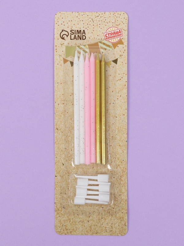 Свечи для торта "Блестящая вечеринка", 6 шт, белый, розовый, золотой