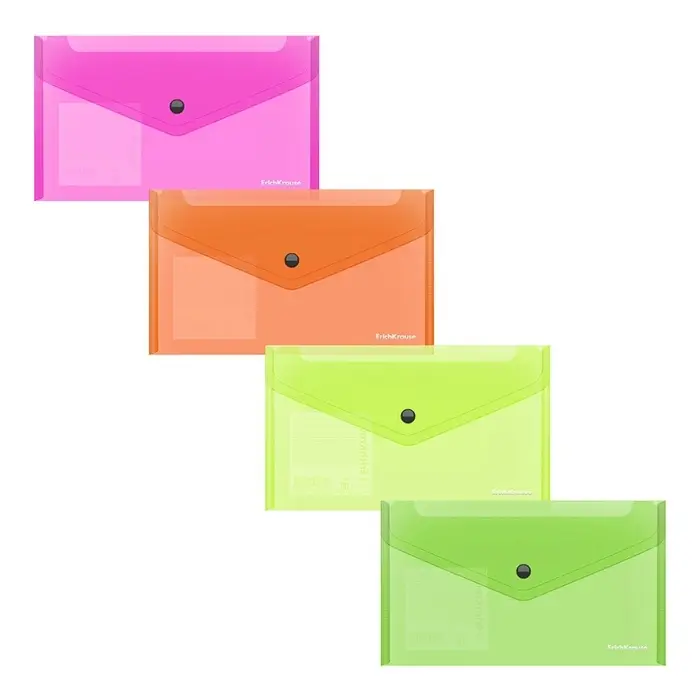 Папка-конверт на кнопке С6, 180 мкм, ErichKrause Glossy Neon, полупрозрачная, микс