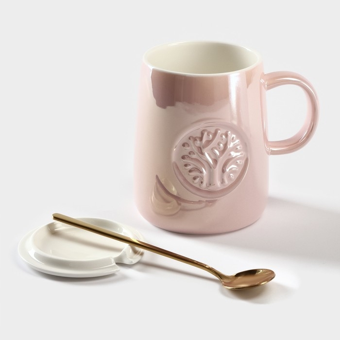 Кружка керамическая с ложкой &laquo;Древо&raquo;, 380 мл, цвет розовый