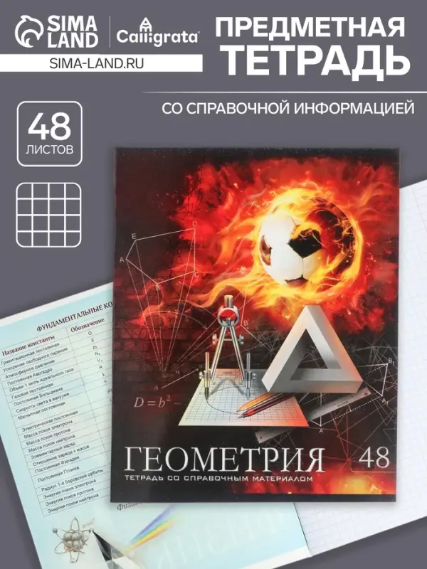 Тетрадь предметная 48 листов в клетку Calligrata, &laquo;Футбол. Геометрия&raquo;, обложка мелованный картон