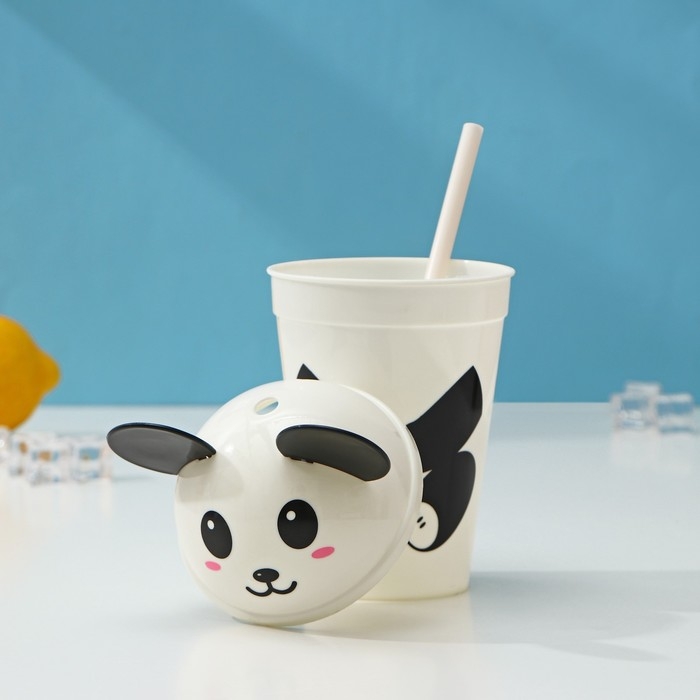Стакан с крышкой и трубочкой &laquo;Панда&raquo;, 450 мл, цвет белый
