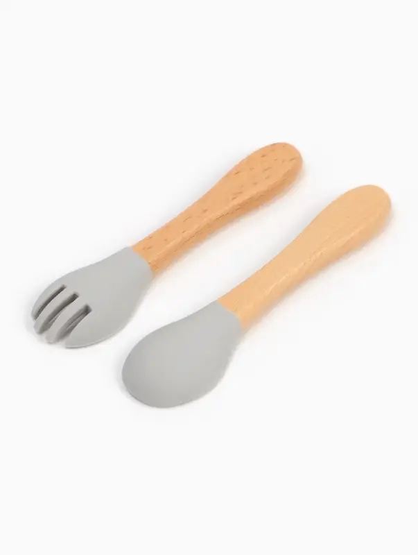 Тарелка детская секционная с ложкой и вилкой, 3 секции, серый, Mum&Baby