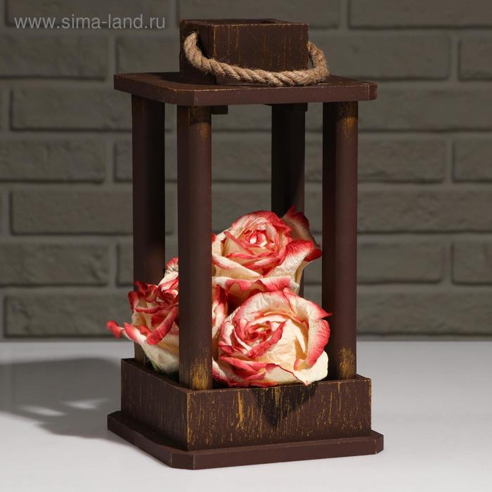 Кашпо деревянное "Фонарь", ручка верёвка, золотой винтаж, 16&times;16&times;30 см