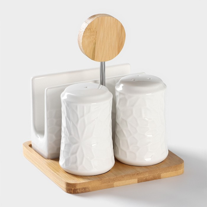 Набор фарфоровый для специй BellaTenero, 4 предмета: солонка, перечница, салфетница, подставка-держатель, цвет белый