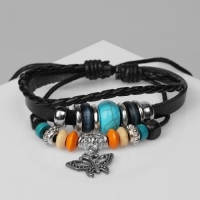 Браслет кожа &laquo;Бабочка&raquo; с бусинами, 3 нити, цветной, d=5 см