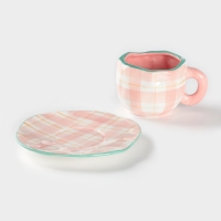 Чайная пара Доляна &laquo;Розовая клетка&raquo;, чашка 220 мл, блюдце d=16 см, ручная роспись, керамика, белая