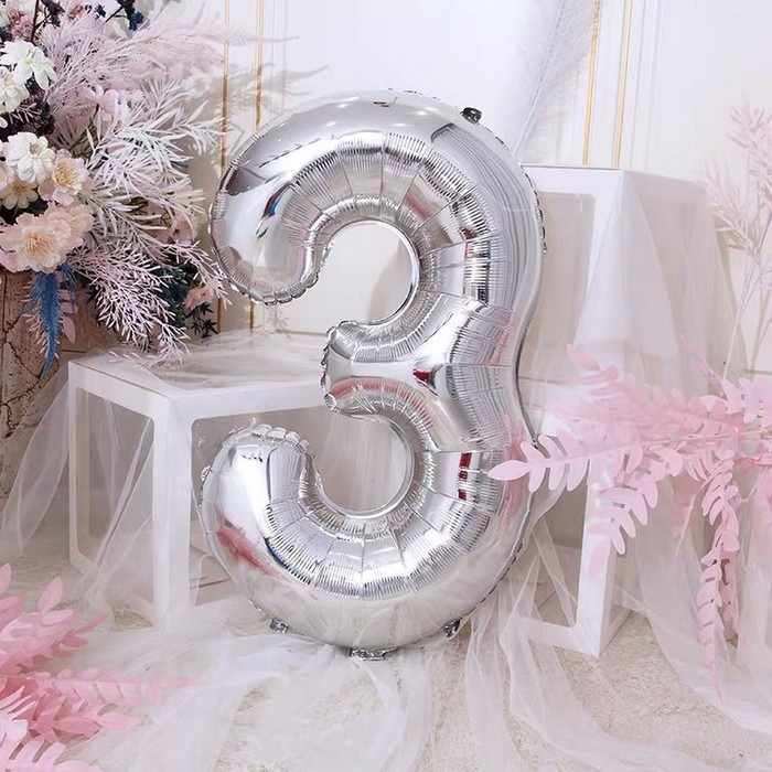 Шар фольгированный 40" Цифра 3, цвет серебряный