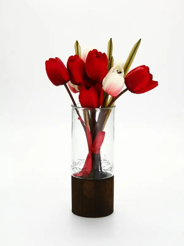 Стеклянная ваза с деревянной подставкой, 10х25,5х10 см