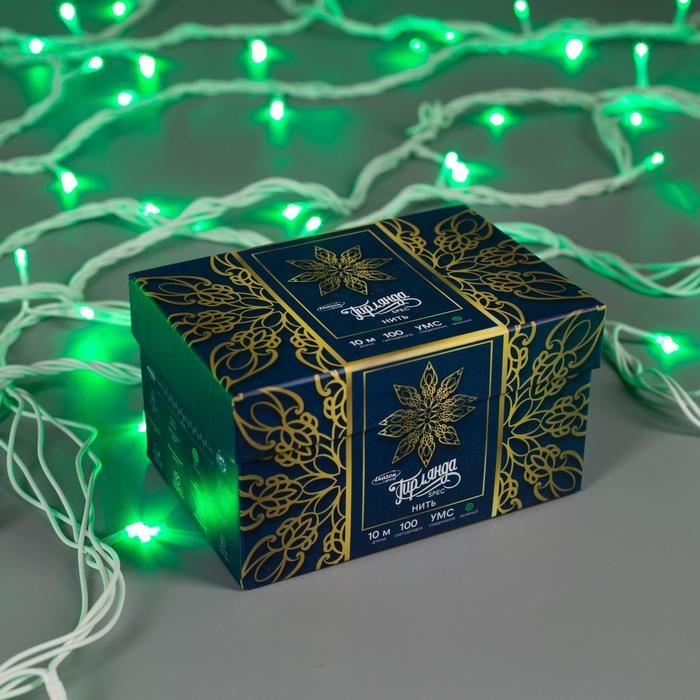 Гирлянда &laquo;Нить&raquo; 10 м, IP44, УМС, белая нить, 100 LED, свечение зелёное, 220 В