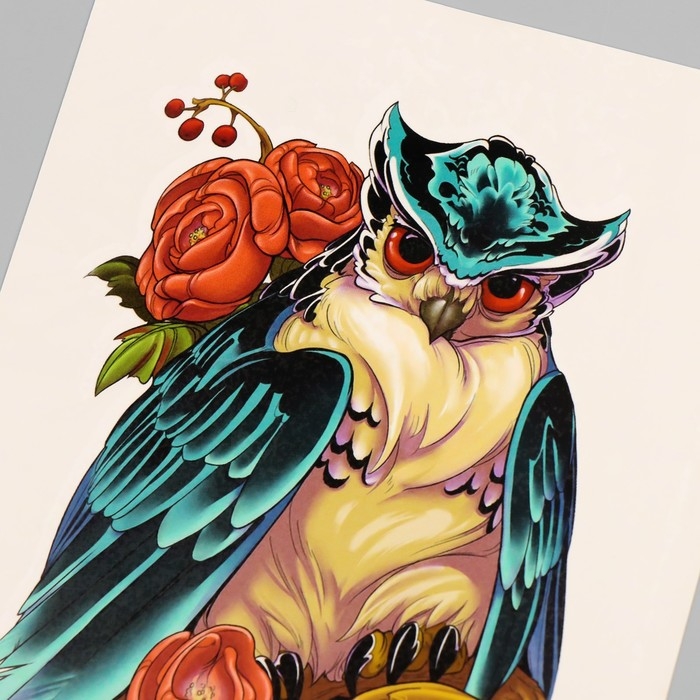 Татуировка на тело цветная "Сова в пионах" 26,1х14,6 см