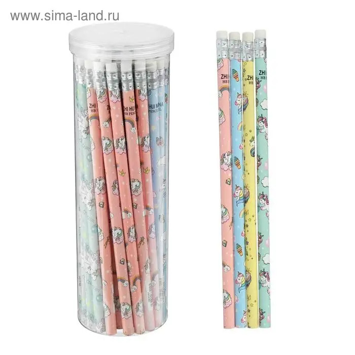 Карандаш чернографитный с ластиком &laquo;Единороги&raquo;, твердость НВ, корпус круглый, МИКС (штрихкод на штуке)