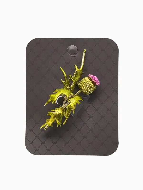 Брошь "Чертополох" растение, зелёно-розовый в золоте