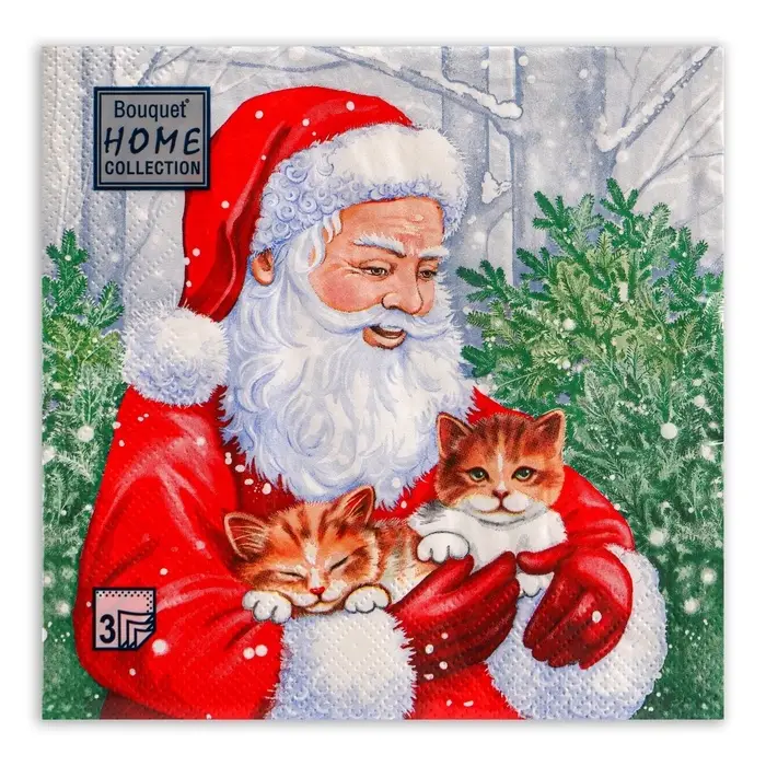 Салфетки новогодние бумажные Home Collection &laquo;Дед Мороз и котята&raquo;, 3 слоя, 33х33 см, 20 шт