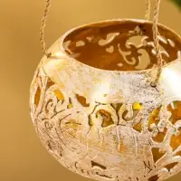 Подсвечник подвесной из кокоса, 9-11 см, бело-золотой