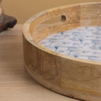 Поднос круглый с бортиками "Синие птицы" дерево манго 35х35х6,5 см