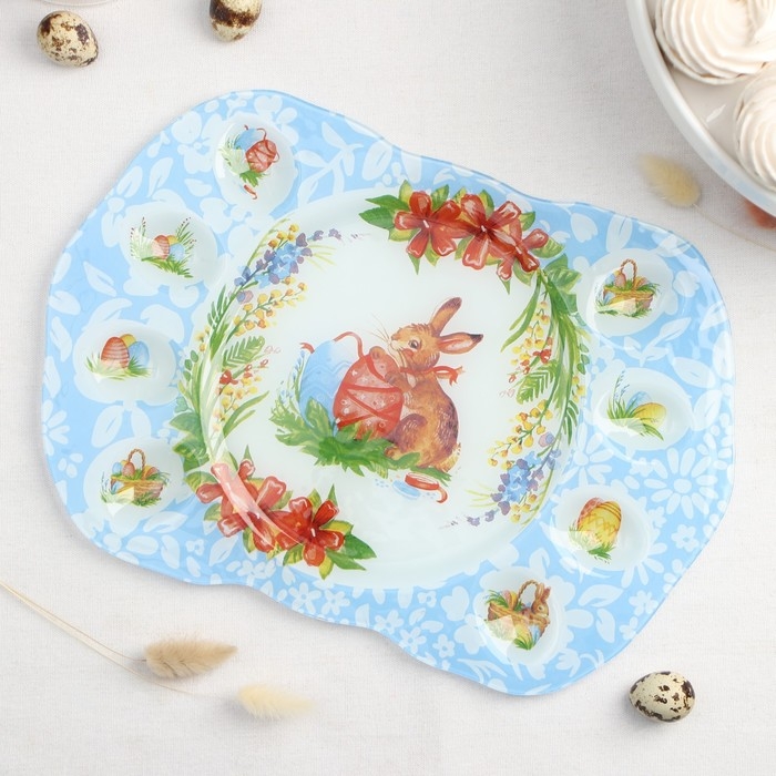 Подставка стеклянная для яиц Доляна &laquo;Праздничный кролик&raquo;, 37&times;24,5 см, 8 ячеек