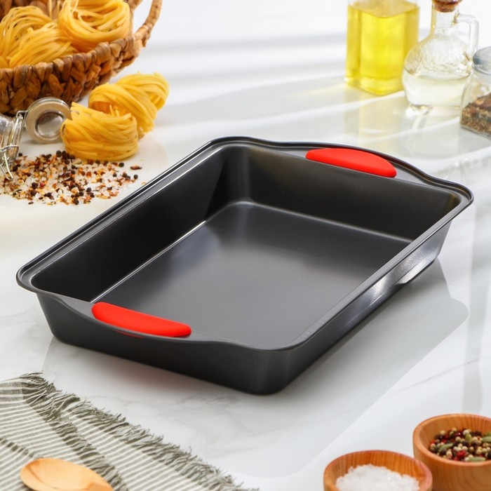 Противень для выпечки Доляна &laquo;Софт. Прямоугольник&raquo;, 40,5&times;25,5&times;5,5 см, с силиконовыми ручками, антипригарное покрытие, цвет чёрный