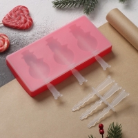 Форма для мороженого новогодняя Доляна &laquo;Снеговик&raquo;, силикон, 18&times;9&times;2 см, 3 ячейки, с палочками, цвет красный