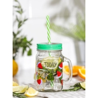 Банка стеклянная с крышкой и трубочкой Доляна &laquo;Счастливый день&raquo;, 450 мл, 10,5&times;7,5&times;13 см, цвет МИКС