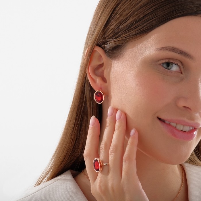 Гарнитур 3 предмета: серьги, кулон, кольцо безразмерное &laquo;Эдель&raquo; овал вытянутый, цвет красный в золоте, 45 см