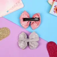 Зажим для волос "Бантик" полоса в горошек, 5,5 см, серый и розовый