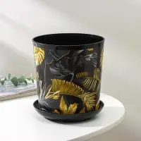 Горшок для цветов с поддоном Доляна &laquo;Голди.Тропики&raquo;, 1,6 л, d=14 см, h=15,5 см, пластиковый, цвет чёрный