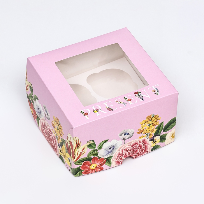 Коробка для 4 капкейков с окном , "Презент", 16 х 16 х 10 см