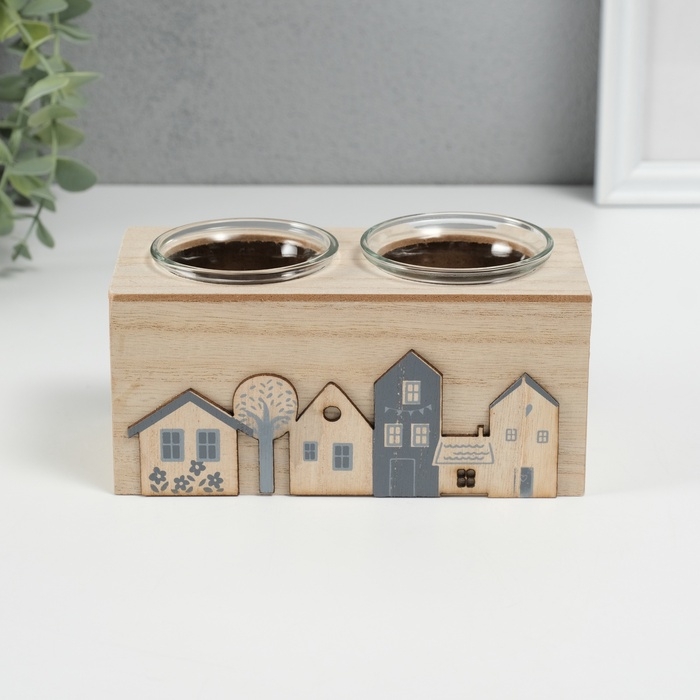 Подсвечник дерево на 2 свечи "Домики" d=4 см 7,7х15,5х8 см