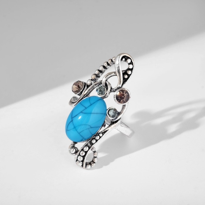 Кольцо &laquo;Бирюзовый мир&raquo; овал в ажуре, цвет коричнево-голубой в чернёном серебре, безразмерное