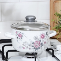 Кастрюля эмалированная &laquo;Весенний романс&raquo;, 2 л, стеклянная крышка, индукция