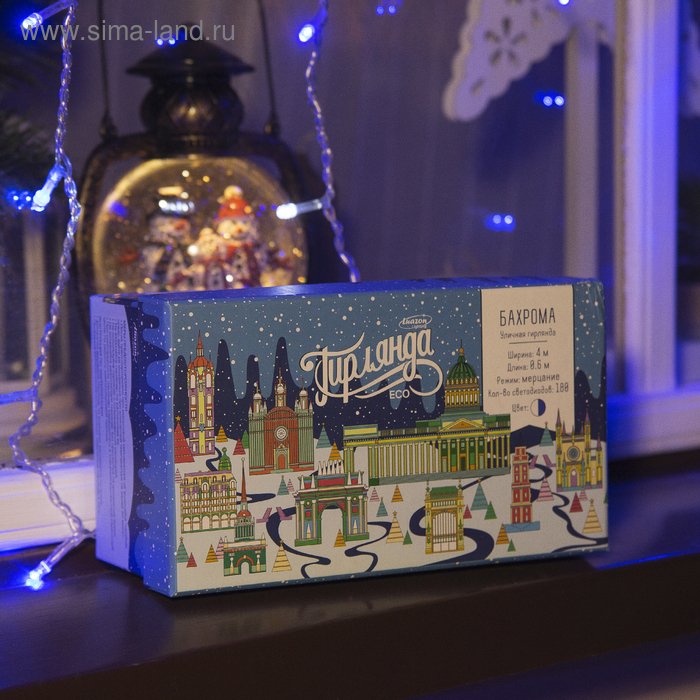 Гирлянда &laquo;Бахрома&raquo; 4 &times; 0.6 м, IP44, прозрачная нить, 180 LED, свечение синее, мерцание белым, 220 В