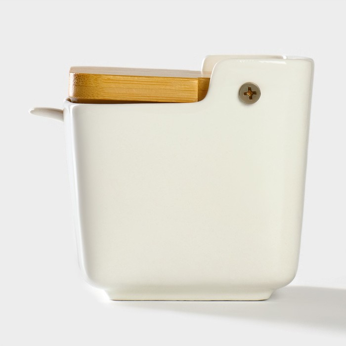 Банка для хранения сыпучих продуктов с ложкой BellaTenero, 280 мл, 9&times;9,5 см, с бамбуковой крышкой, фарфоровая, цвет белый