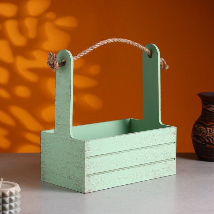 Кашпо деревянное 25.5&times;15&times;30 см "Аром", ручка канат, Оливковый Прованс