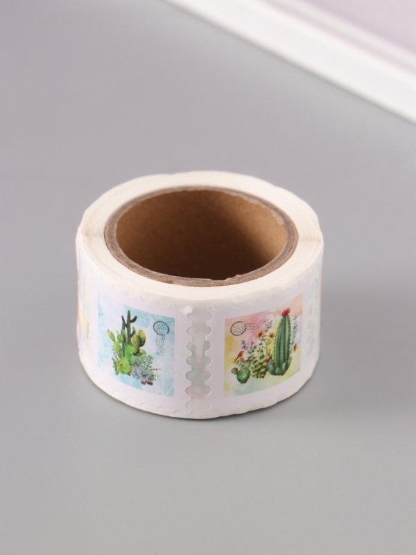 Наклейка бумага "Марки. Кактусы" 3х3 см 200 шт в рулоне