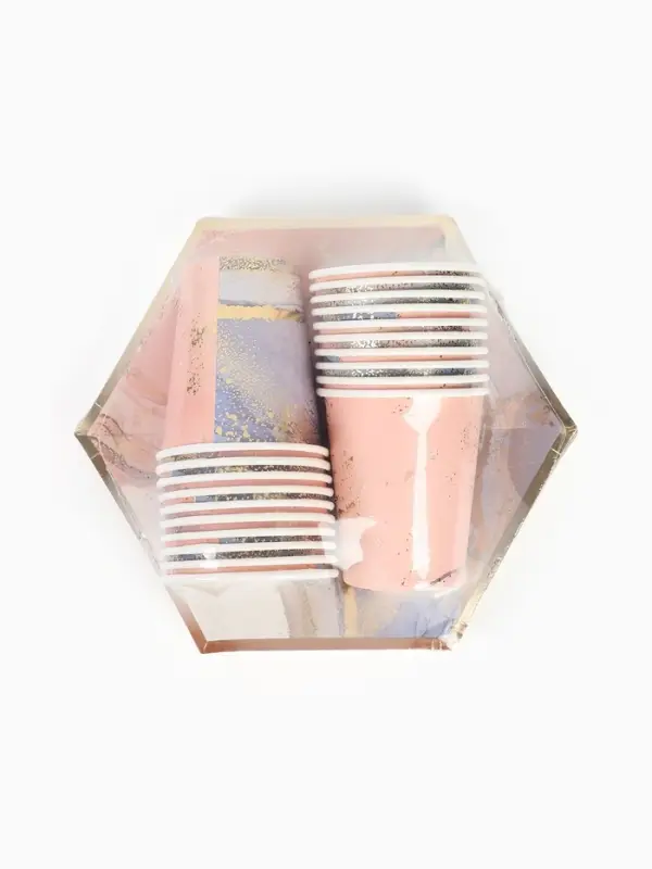 Набор посуды для праздника на 20 персон, мрамор розовый (тарелки 23 см, стакан 250 мл)