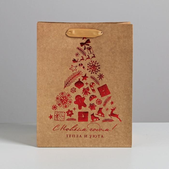 Пакет подарочный новогодний крафтовый вертикальный &laquo;Тепла и уюта&raquo;, MS 18 х 23 х 10 см, Новый год