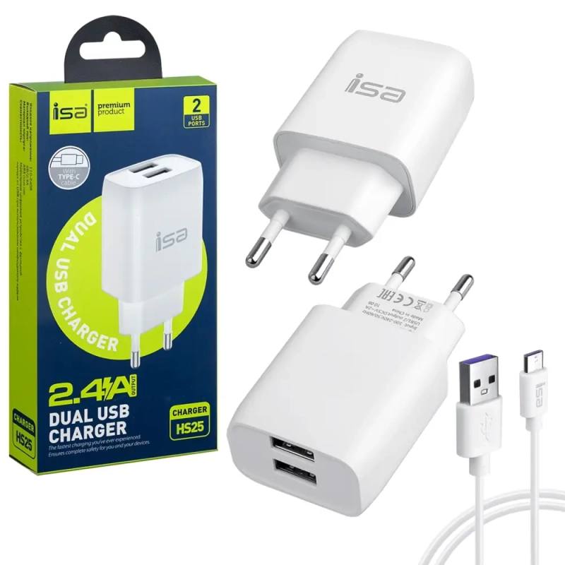 СЗУ HS25 USB на Type-C + 2 USB 2.4A ISA белое
