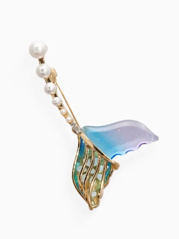 Брошь "Хвост Русалки" с жемчугом, цветная в золоте