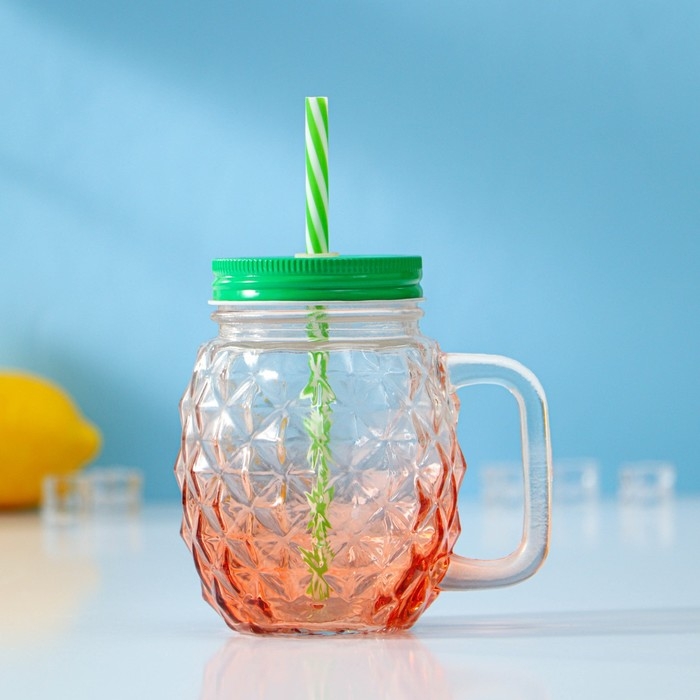 Банка стеклянная с крышкой и трубочкой Доляна &laquo;Ананас&raquo;, 500 мл, 12,5&times;9,5&times;13 см, цвет МИКС