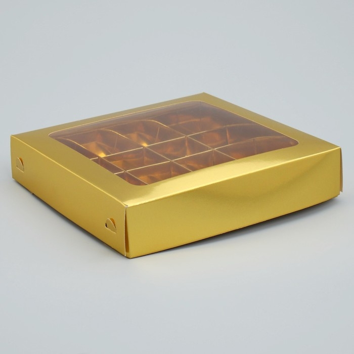 Коробка для конфет, кондитерская упаковка, 16 ячеек &laquo;Золотистая&raquo;, 18.9 х 18.9 х 3.8 см
