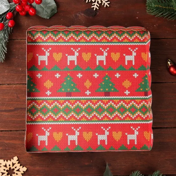 Коробка для печенья, кондитерская новогодняя упаковка, &laquo;Вязанка&raquo;, 21&times;21&times;3 см