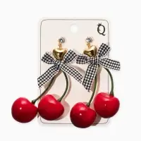 Серьги "Вишня с бантиками" текстиль, цветные в золоте