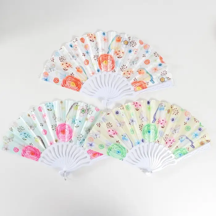 Веер пластик, текстиль "Птички и цветы" МИКС 23 см