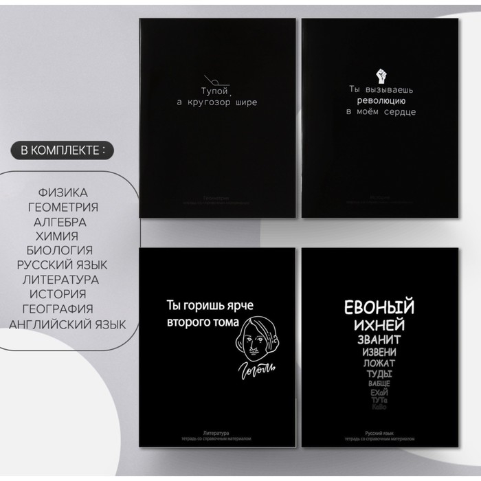 Комплект предметных тетрадей 48 листов "На Чёрном", 10 предметов, со справочным материалом, обложка мелованный картон, УФ-лак (полный), блок офсет