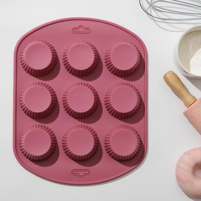 Форма для выпечки Доляна &laquo;Сладости. Круг реб&raquo;, силикон, 27&times;22&times;3 см, 9 ячеек (6&times;6&times;3 см), цвет МИКС