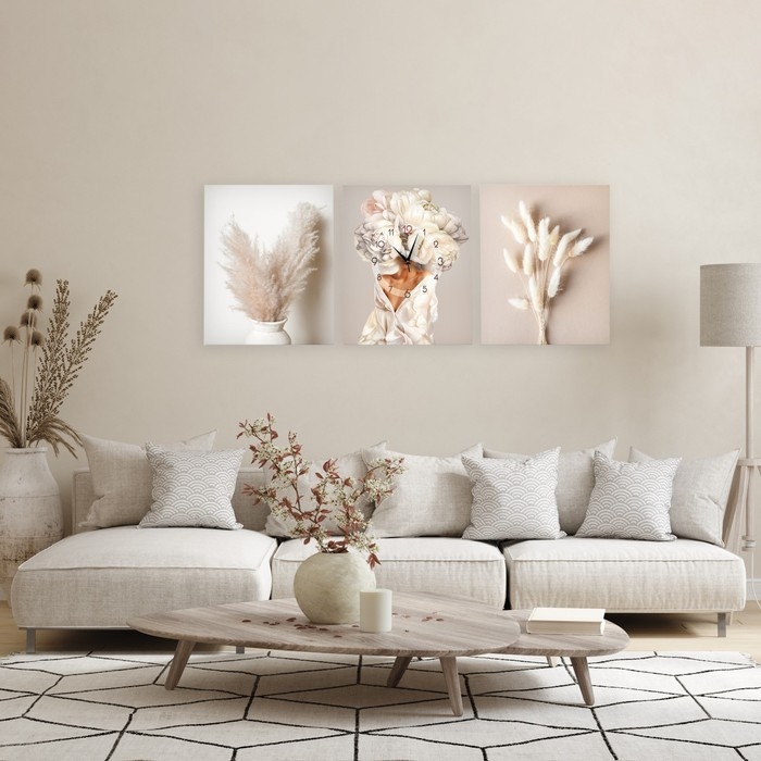 Часы-картина настенные модульные "Сухоцветы", 30 х 40 см, бесшумные, триптих