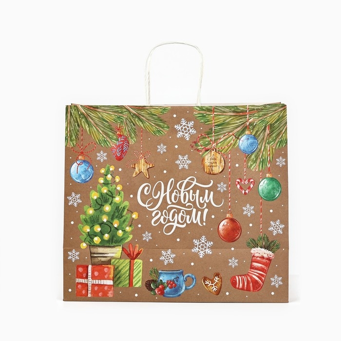 Пакет подарочный новогодний крафтовый &laquo;Весёлого нового года&raquo;, 28 х 15 х 32 см , Новый год