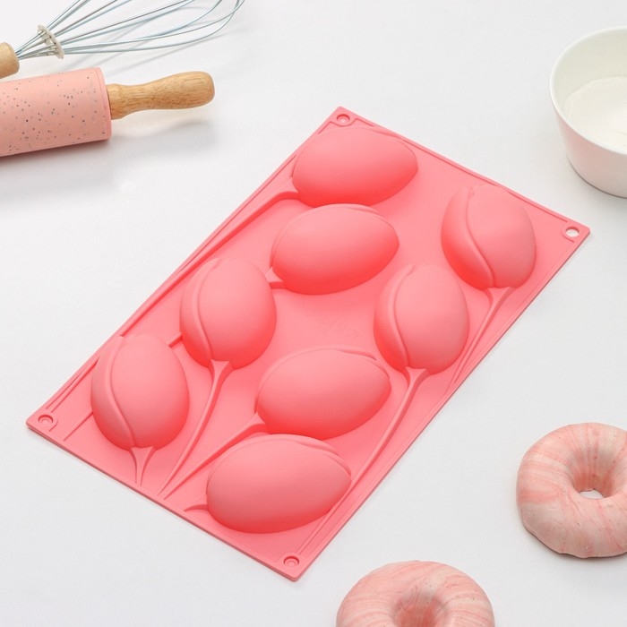 Форма для выпечки Доляна &laquo;Тюльпаны&raquo;, силикон, 8 ячеек, 30&times;17,5&times;3 см, цвет розовый